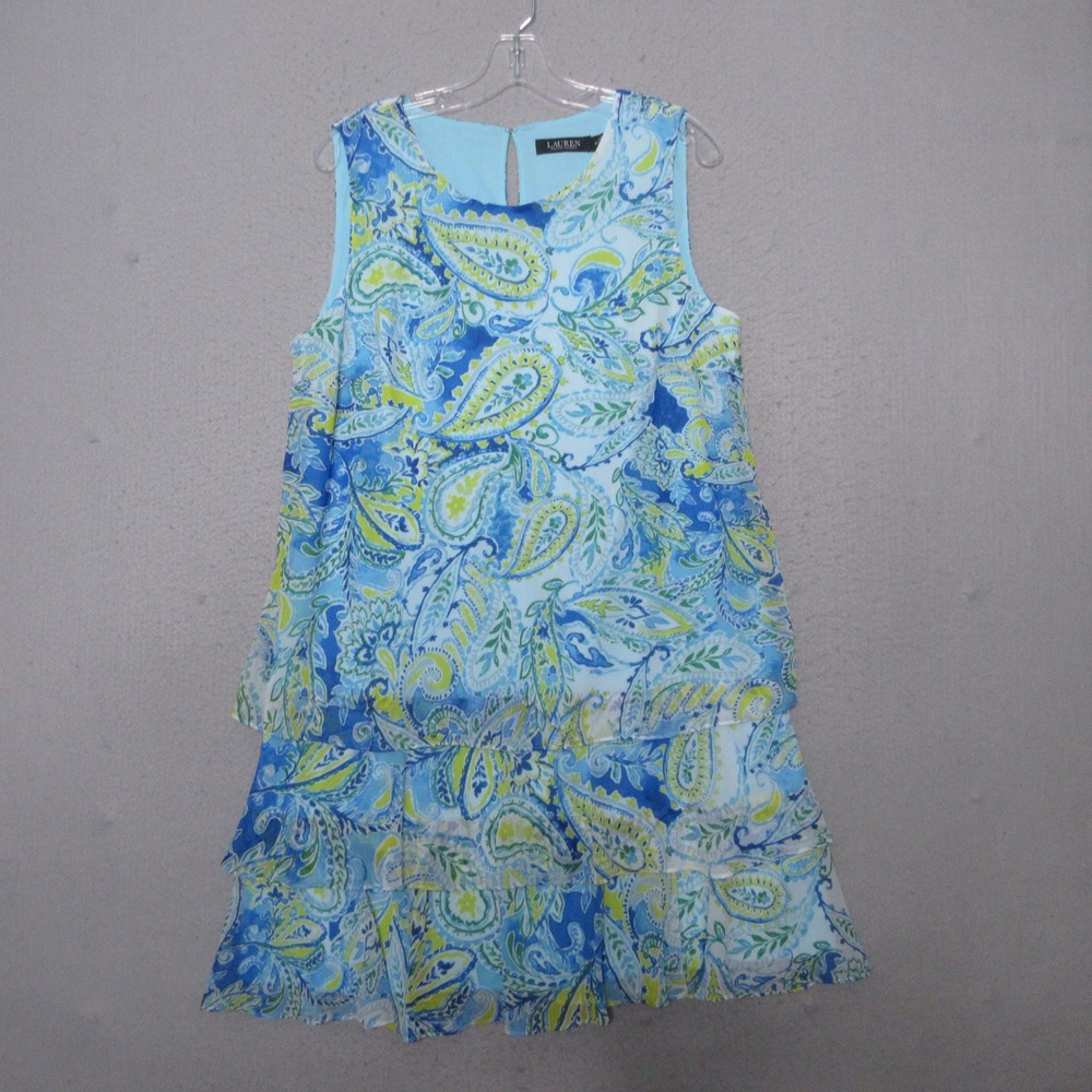 Lauren Ralph Lauren Dress‎ 14 Blue Green Paisley Tiered Chiffon Old Money Flowy